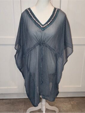 NWT Ana & Kate Sheer Tunic Cover Up One Size Embellished Sheer Blue Print